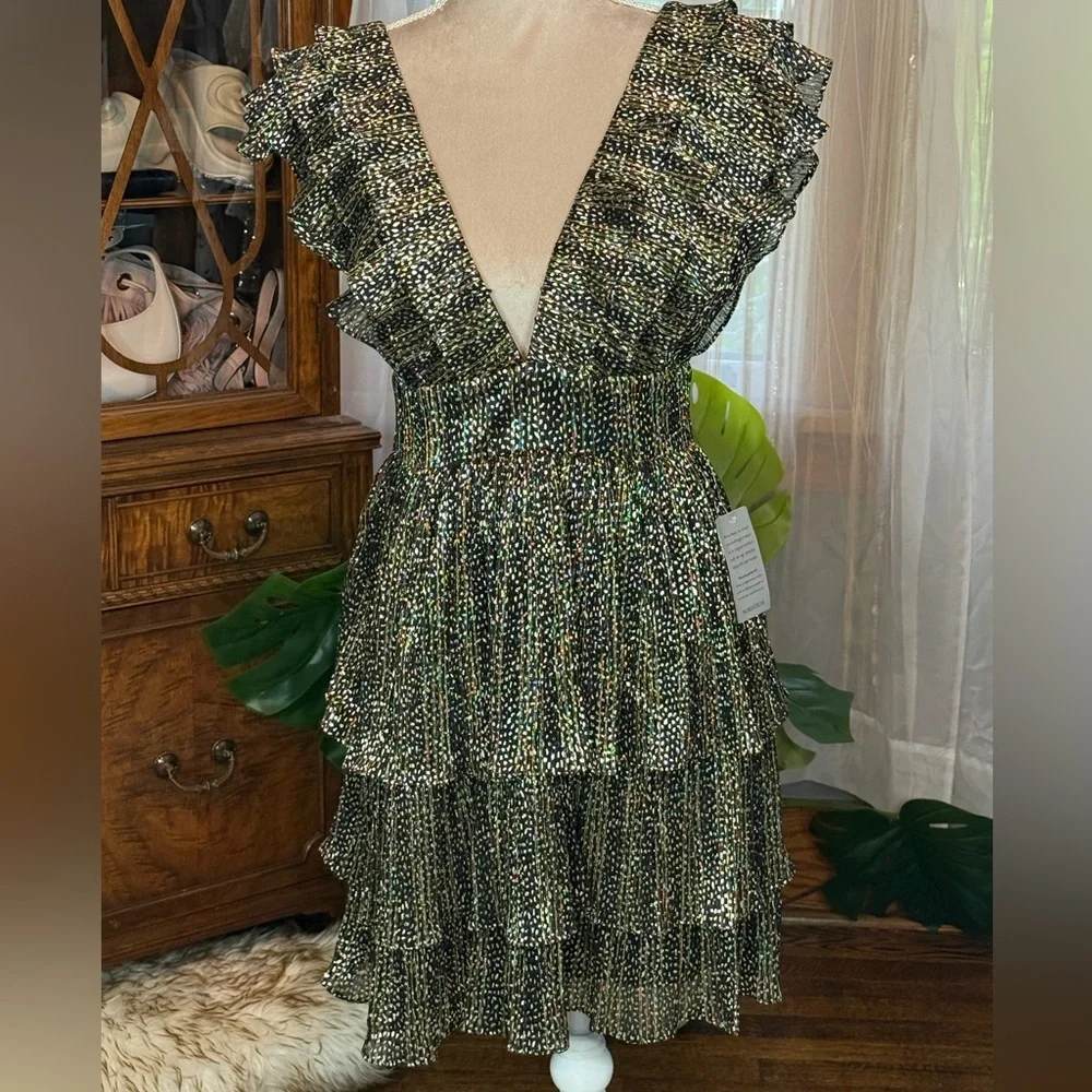 Socialite Mini Dot Ruffled Babydoll Dress in Black and Gold
